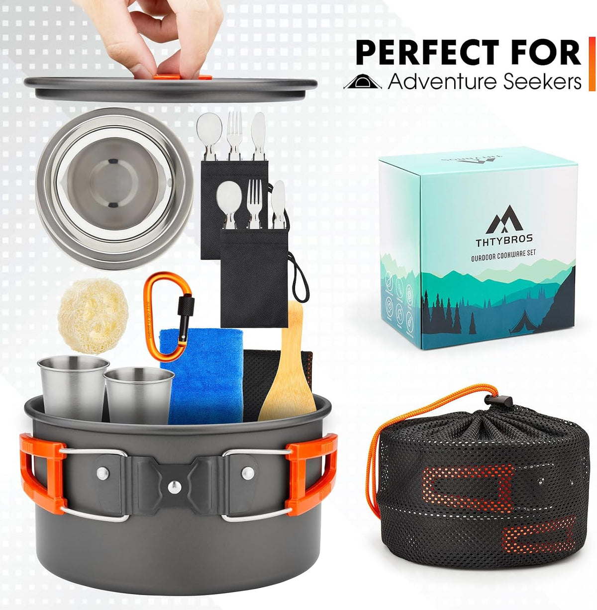 THTYBROS Kit de utensilios de cocina para acampar de 17 piezas, olla de 0.45 galones, sartén de 7 pulgadas, juego de hervidor de 0.30 galones con 2 juegos de tazas, platos, tenedores, cuchillos y