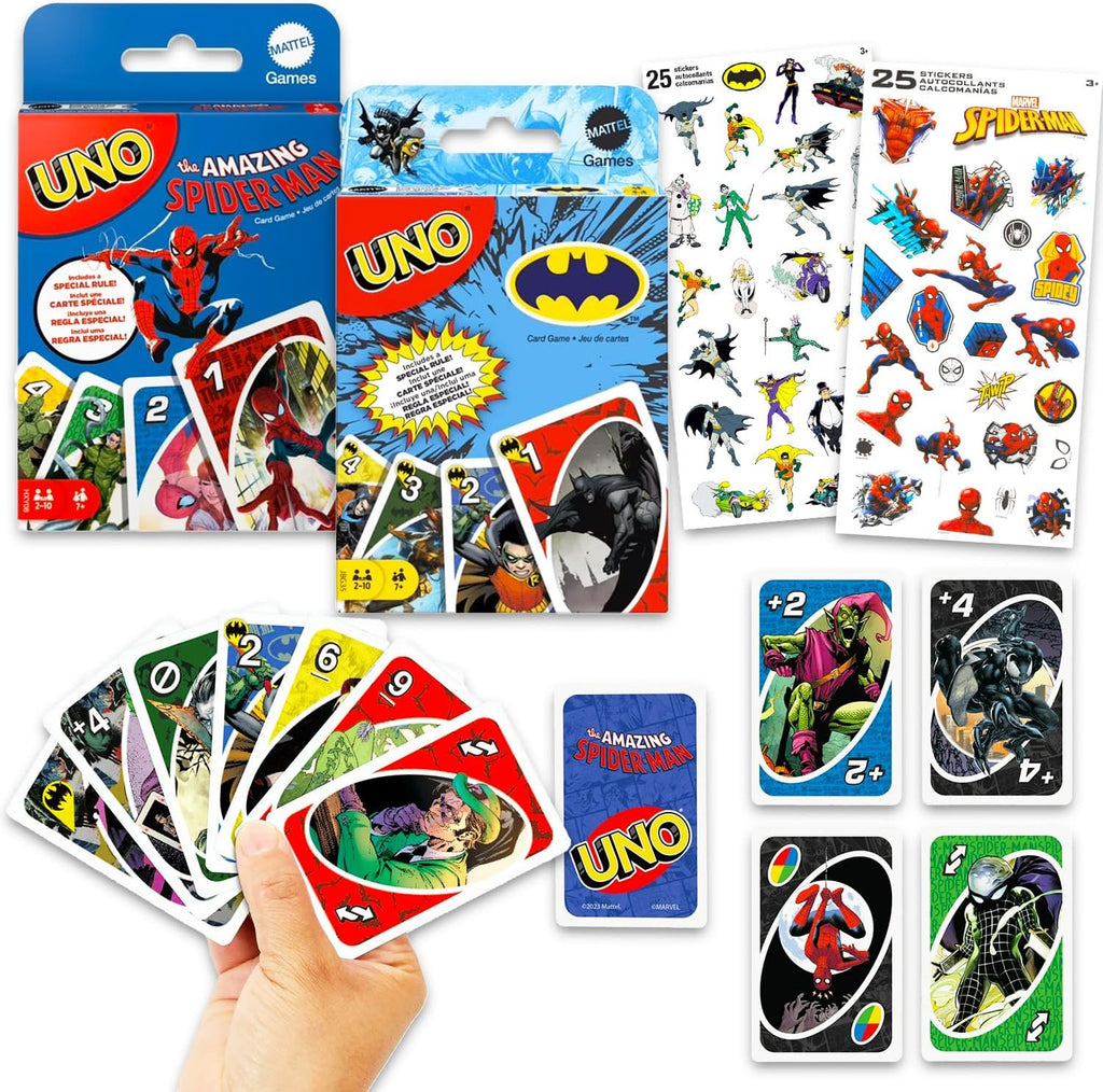 UNO Marvel y DC Cards Set - Bundle con Batman y Spiderman UNO Cards para Kids Plus Stickers, más | Batman y Spiderman Activities para Kids, Family Game Night