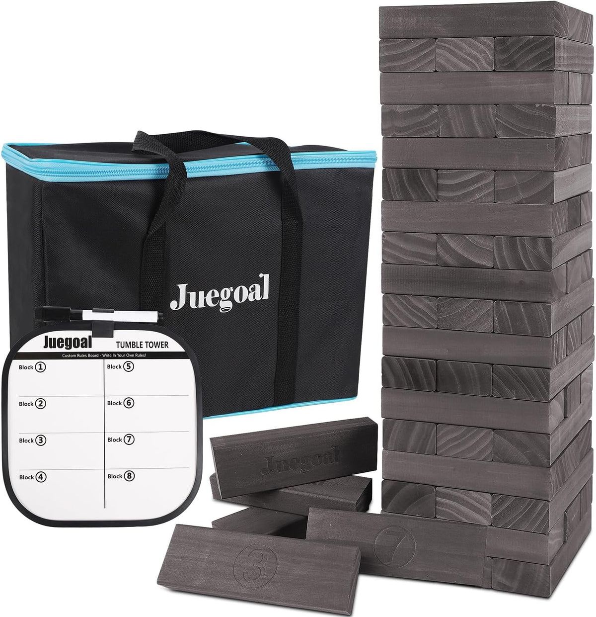 Juegoal Torre Gigante de Caída de 54 Piezas Gris para Adultos, Niños y Familia, Juego de Apilamiento de Bloques de Madera con Tablero de Juego y Bolsa de Lona, Juegos al Aire Libre para Patio Trasero