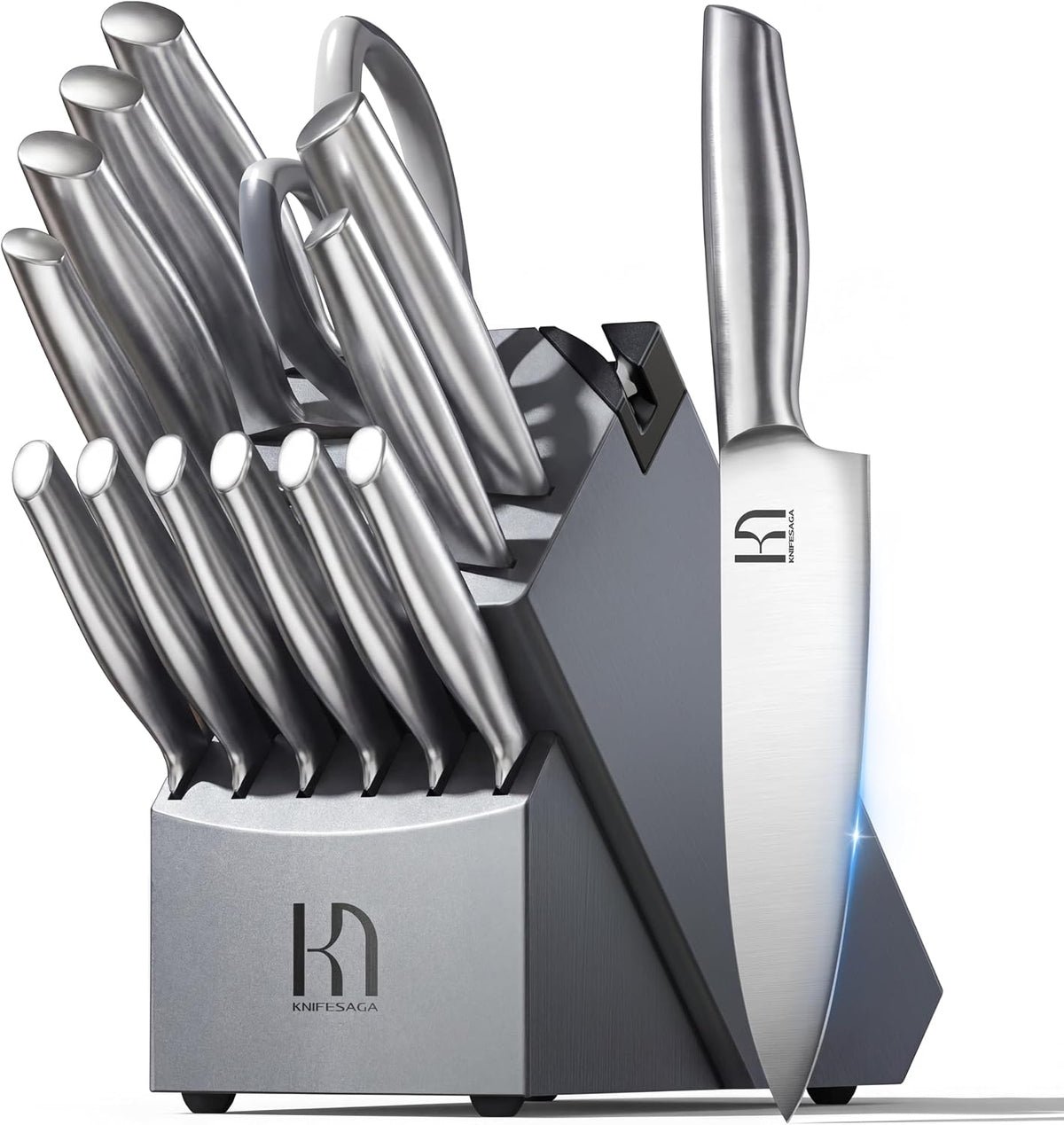 Juego de cuchillos KnifeSaga, juego de 14 piezas de cuchillos de cocina premium de acero inoxidable de alto carbono japonés, juego de bloque de cuchillos ultra afilados con afilador incorporado, juego