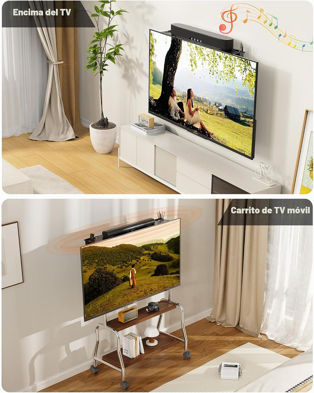 Soporte para barra de sonido, estante superior de TV de acero sin perforaciones con cajas de almacenamiento, soporte de barra de sonido de hasta 15 libras, soporte universal para barra de sonido para