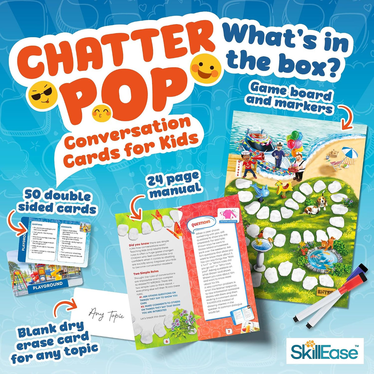 SkillEase Juego de habilidades sociales Chatter Pop para pensar en los demás, materiales de terapia del habla, juegos de terapia, educativos, actividades de aprendizaje socio-emocional, tarjetas de inicio de conversación