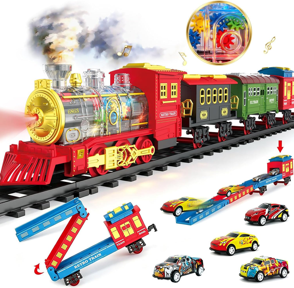 Juego de tren eléctrico de Navidad para niños con humo, luces y sonido (encendido/apagado) tren debajo del árbol de Navidad, trenes modelo para niños pequeños para niños de 3, 4, 5, 6, 7, 8 años en adelante, regalos para niños