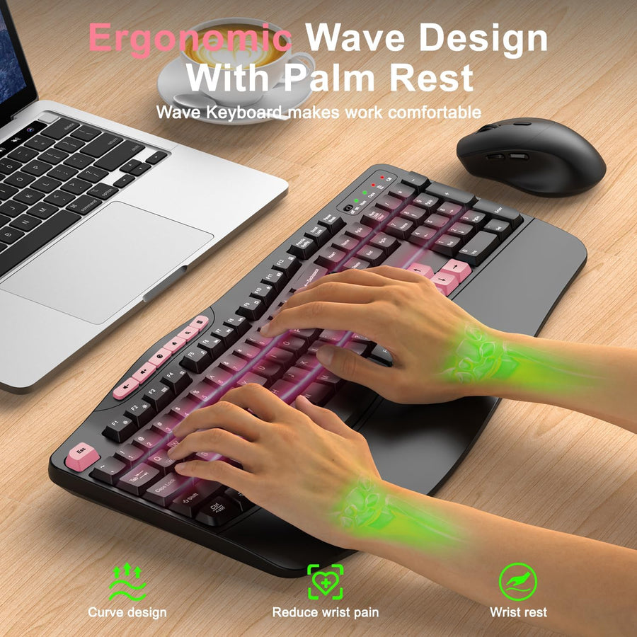 Combo de teclado y mouse inalámbricos, teclado ergonómico con 6 tec...