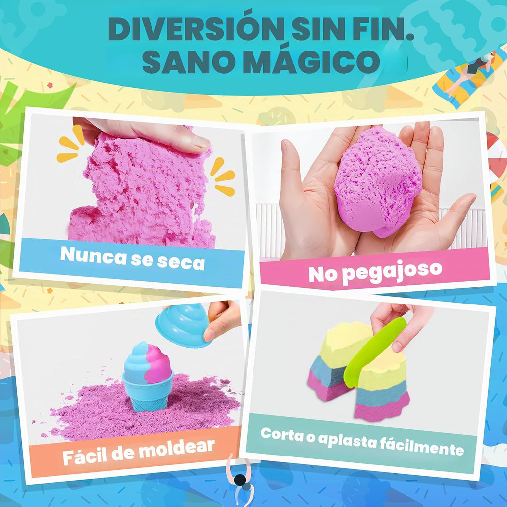 Contenedor sensorial – Juego de hornear y hacer helados con kit de arena de juego de 3.3 libras, moldes para pasteles de gofres y herramientas de arena, tienda de juguetes de helado