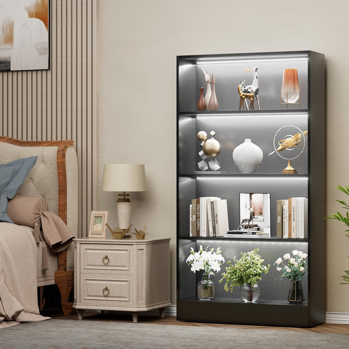 CODACE Estantería alta de madera negra de 4 niveles - Vitrina con luces LED