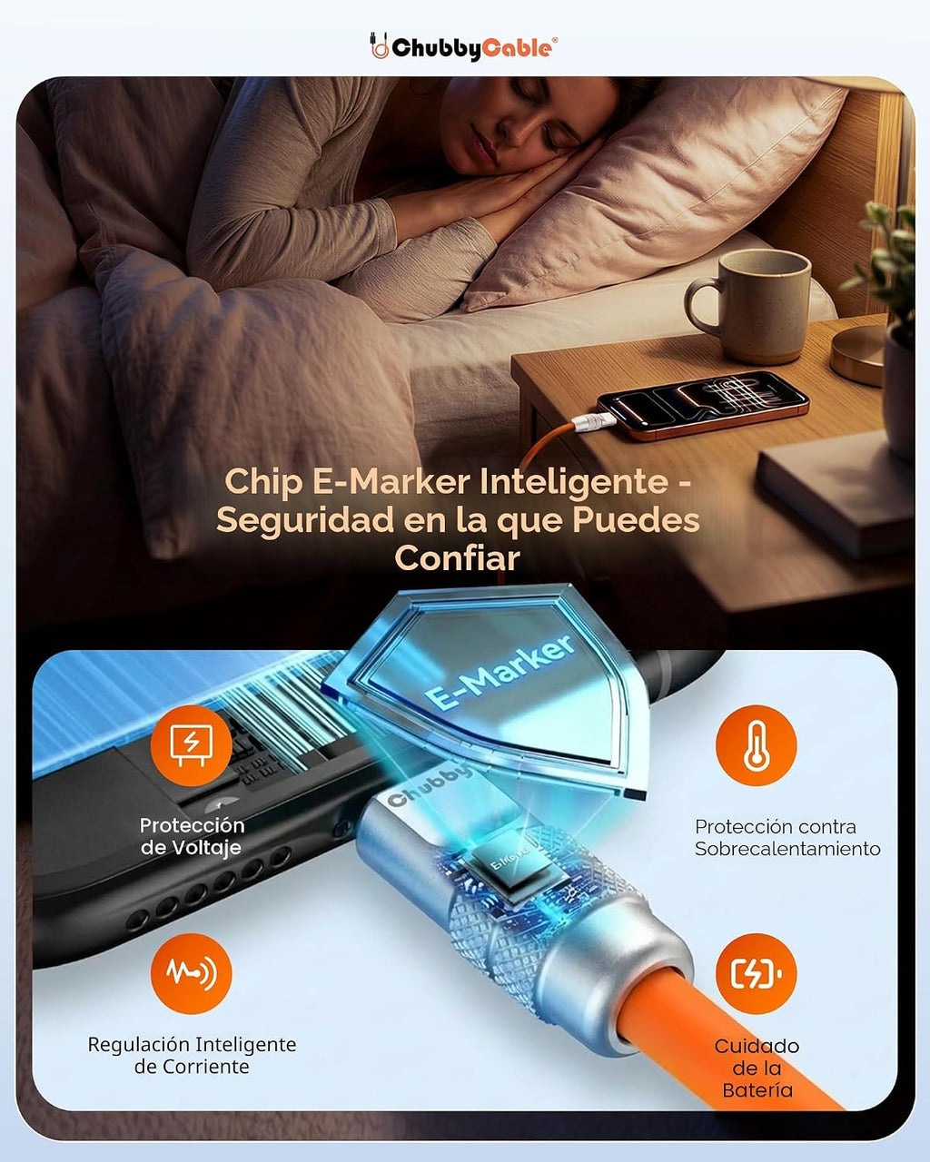 chubbycable USB C a C 240W Cable de Carga Rápida de Silicona, Naranja, 6.6FT