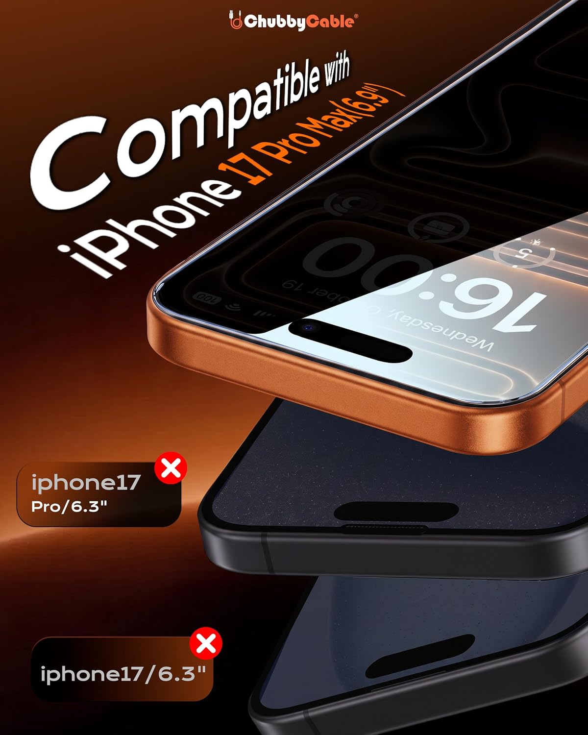 chubbycable Protector de pantalla de privacidad mejorado para iPhone 17 Pro