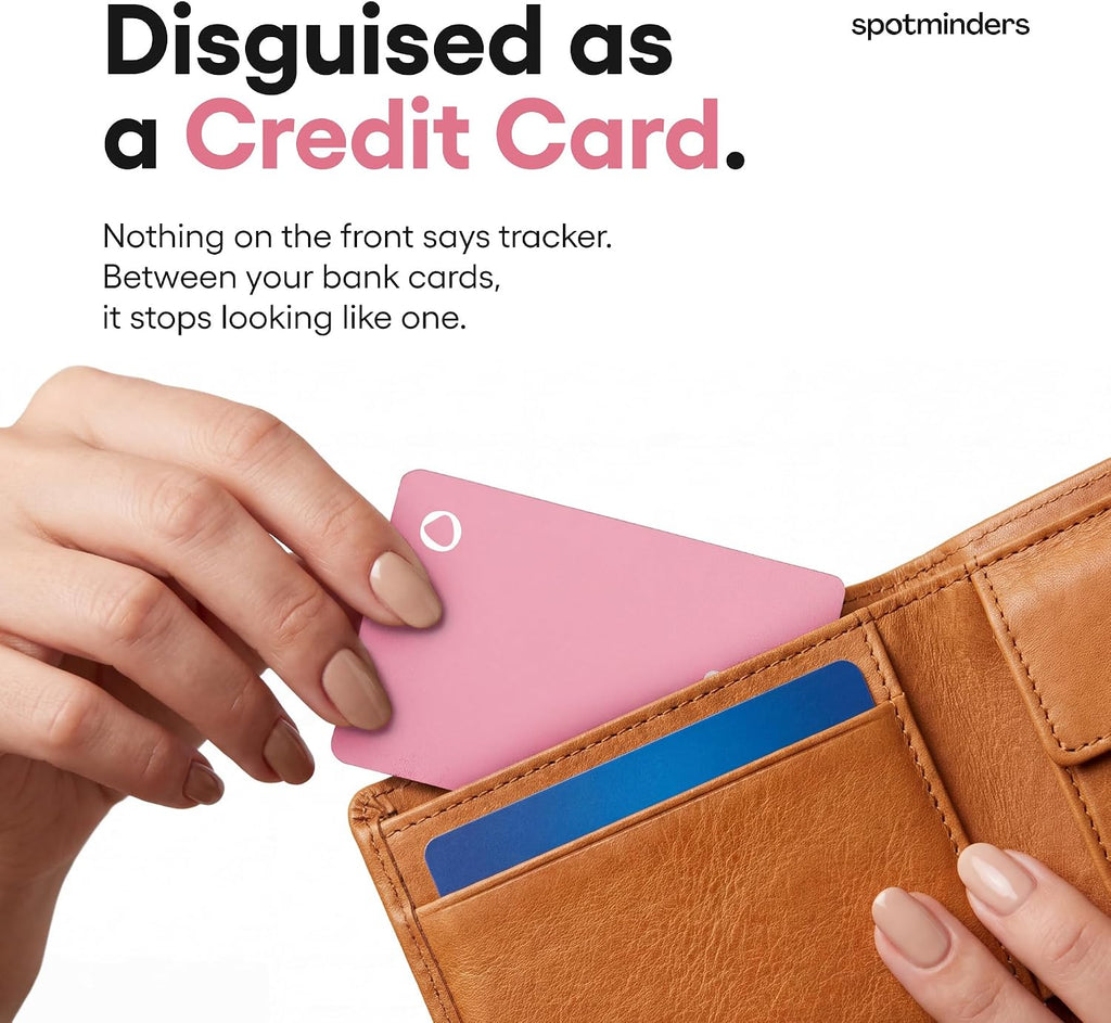 SPOTMINDERS - Cartera de tarjeta de crédito con certificación MFi de Apple, color rosa (solo iOS), esencial de viaje para mujer, funciona con Apple Find My Tarjeta de seguimiento recargable, IP68, 0.07 pulgadas, buscador de artículos delgado para