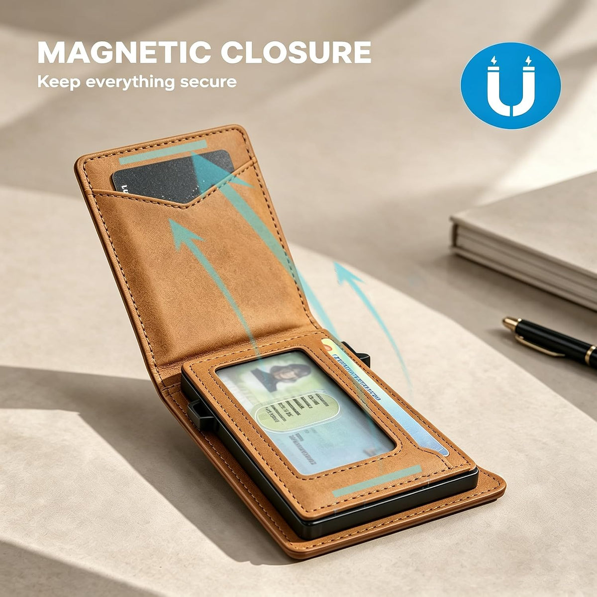Cartera para hombre, con funda de metal, inteligente, delgada, con cierre magnético, 14-16 tarjetas, billetera triple de cuero con bloqueo RFID, bolsillo frontal