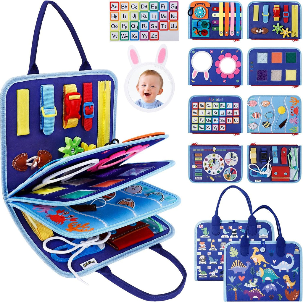 Juguete Montessori de tablero ocupado para niños y niñas, juguete sensorial, actividades educativas, juguete de viaje para automóvil de avión, libro ocupado para aprender habilidades motoras finas, azul