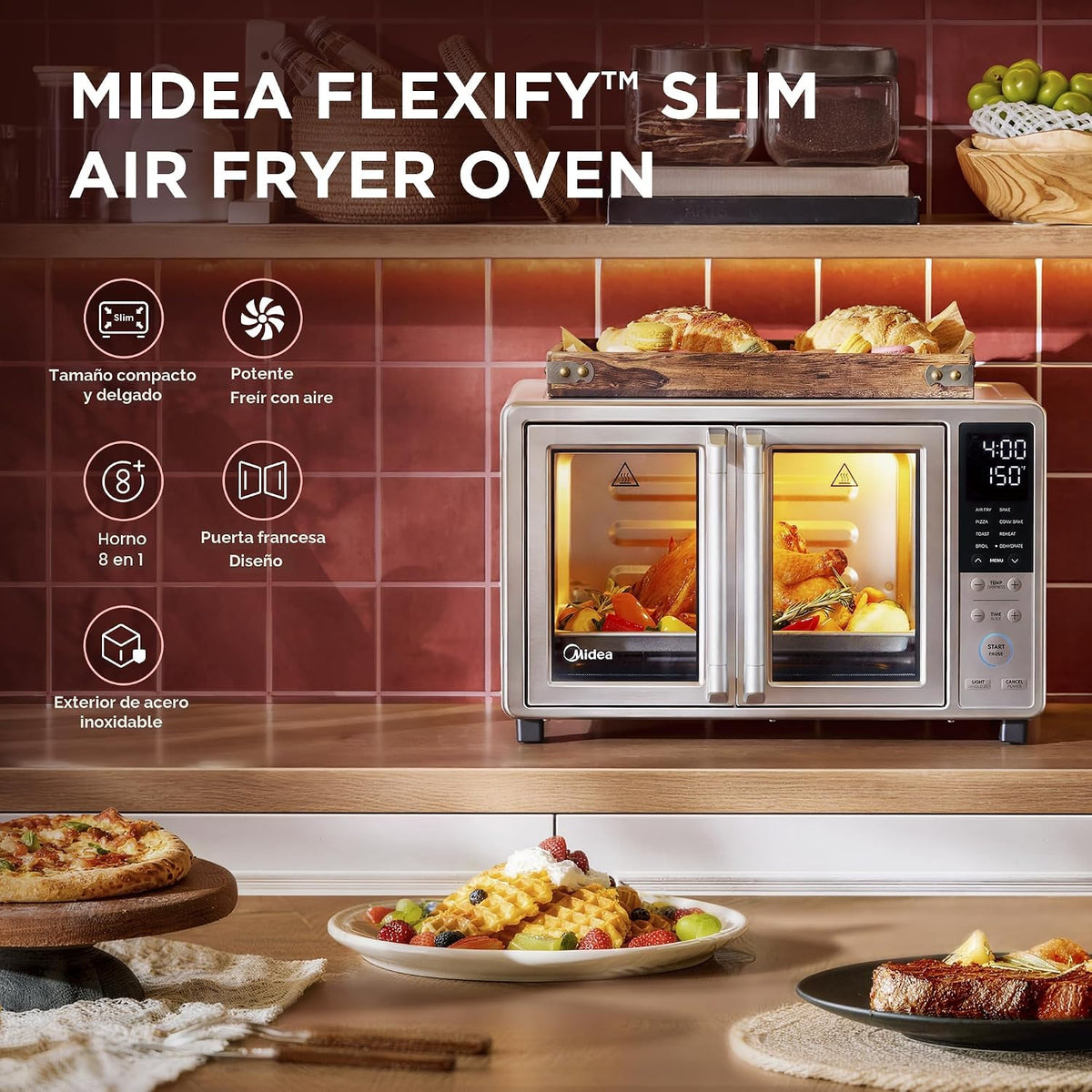 Midea Flexify Slim 8 en 1 - Tostadora para puerta francesa, horno y freidora combinada, 26.4 cuartos de galón