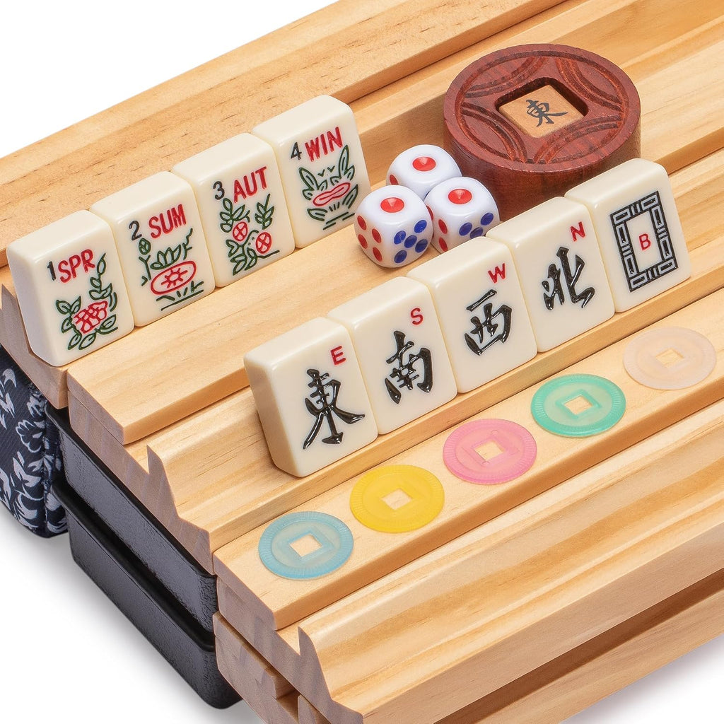 Juego de Mahjong Americano de Yellow Mountain Imports, Azul Calico con Estuche Blando Floral Azul - Estante todo en uno con Empujadores, Monedas de Puntuación Wright Patterson, Dados y Indicador de