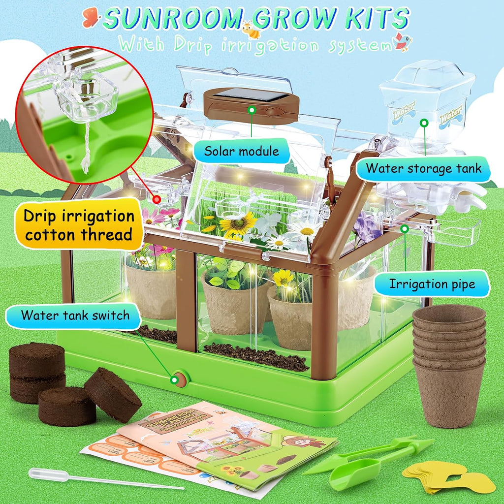 Kit de cultivo de plantas para niños, kit de cultivo de invernadero y flores para niños con riego mejorado y luz de crecimiento, jardinería perfecta para niños (verde solar)