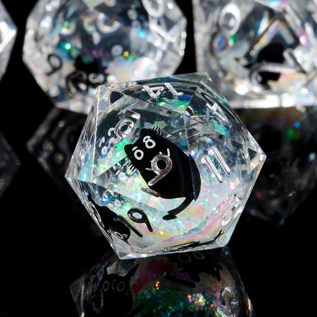 Juego de dados poliédricos D&D Dados de borde afilado de resina Mylar iridiscente Galaxy para RPG Juego de rol Compatible con DND Regalo (Arena Rápida Blanca + Gato Negro)