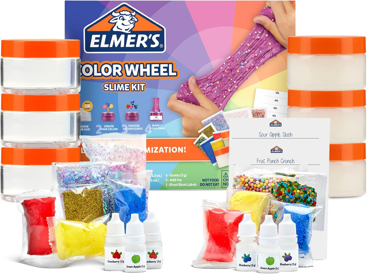 Elmer's Kit de limo de rueda de color, incluye slime prefabricado, pigmentos de color arcilla, aromas, etiquetas de hojas, kit de 24 piezas, arte y manualidades, diversión para niños, actividad de verano