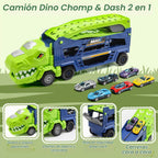 Camión de dinosaurio, camión de dinosaurio, transportador de carreras, pista de carreras con 6 autos fundidos a presión, camión 3 en 1 con 2 pistas de carreras plegables, regalos de cumpleaños