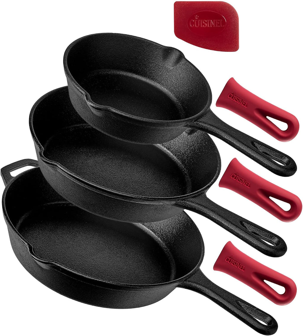 Cuisinel - Juego de sartenes de hierro fundido de 6+8+10 pulgadas, juego de sartenes presazonadas de 3 piezas