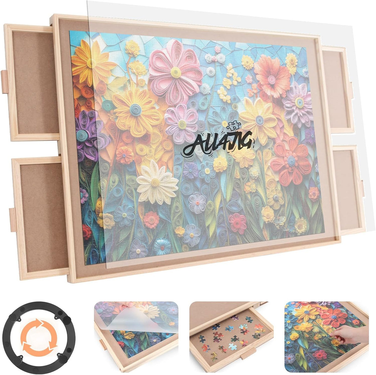 ALL4JIG - Tabla de rompecabezas giratoria de 2000 piezas con 4 cajones y cubierta, mesa de rompecabezas de madera portátil de 28.5 x 40.16 pulgadas para adultos, tablero giratorio Lazy Susan regalo