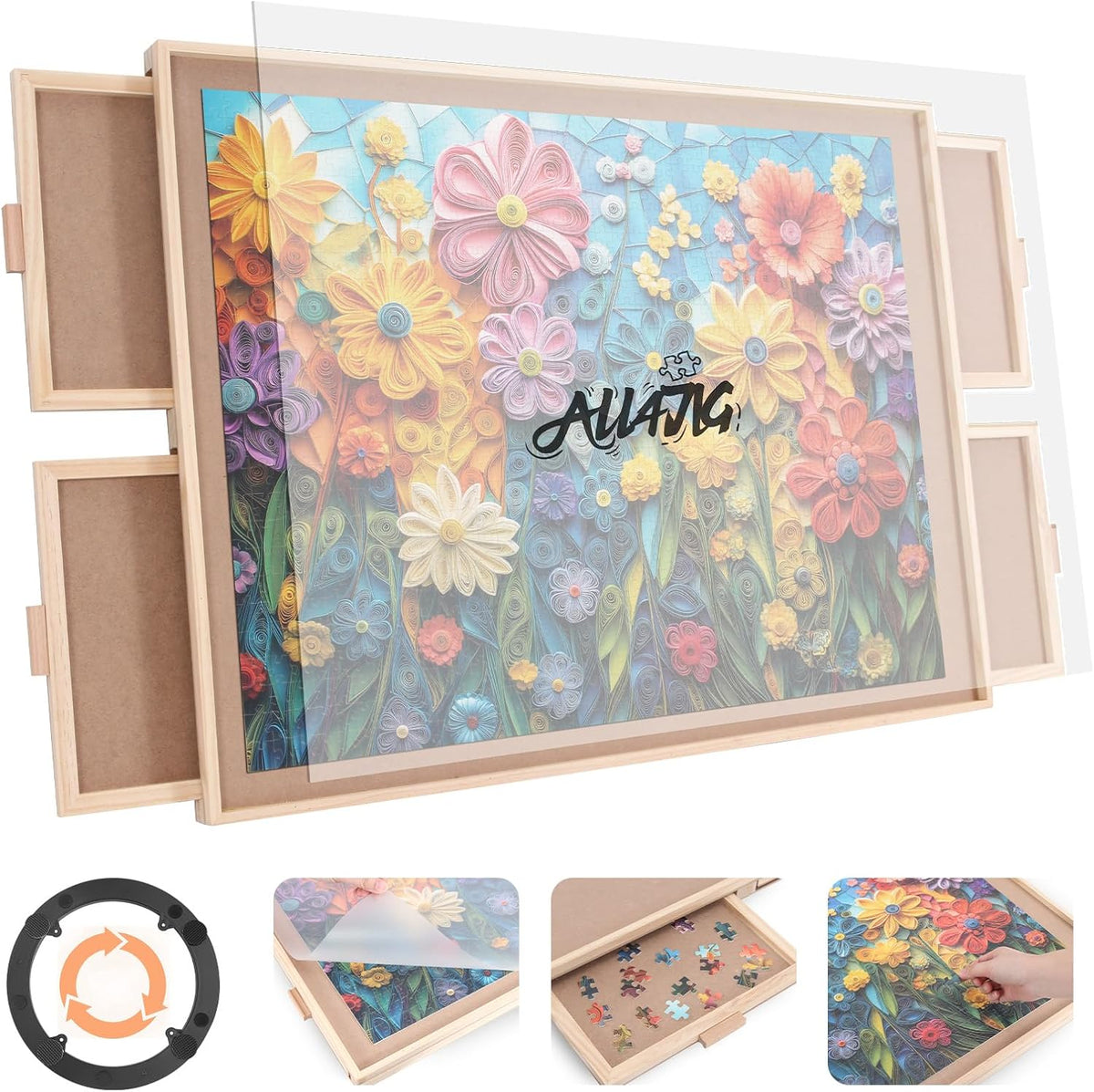 ALL4JIG - Tablero giratorio de 1000 piezas con 4 cajones de 20.94 x 28.74 pulgadas, mesa de rompecabezas portátil de madera para adultos, tablero giratorio Lazy Susan, regalo de cumpleaños para mamá