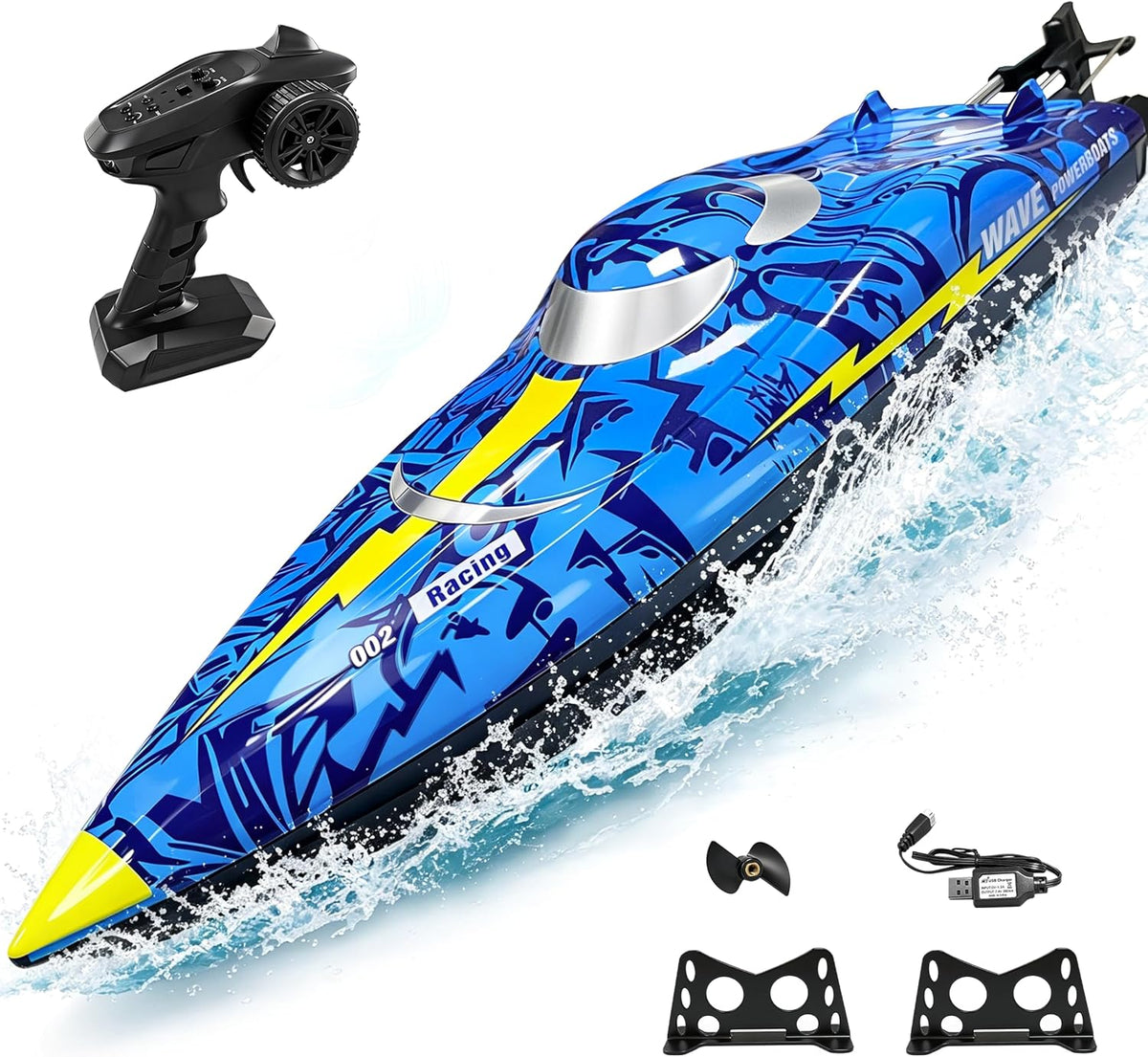 Barco a control remoto de alta velocidad de 16 pulgadas para adultos y niños, barco grande de control remoto rápido de más de 40 KPH para piscinas, lagos y ríos, con luces LED, diseño