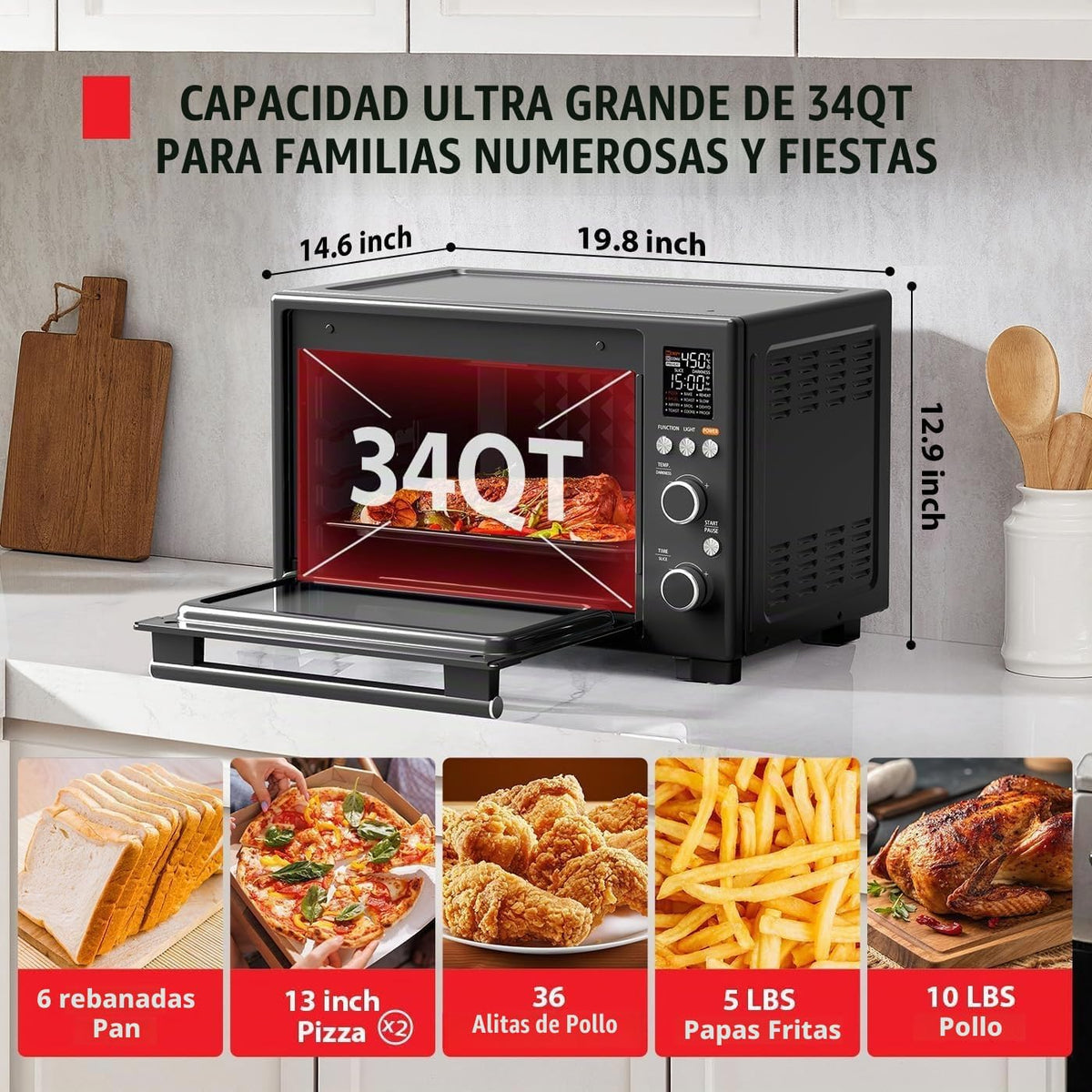 TOSHIBA ChefFry Freidora de Aire y Horno Tostador Combo, 34 QT, 1750 W, Acero Inoxidable