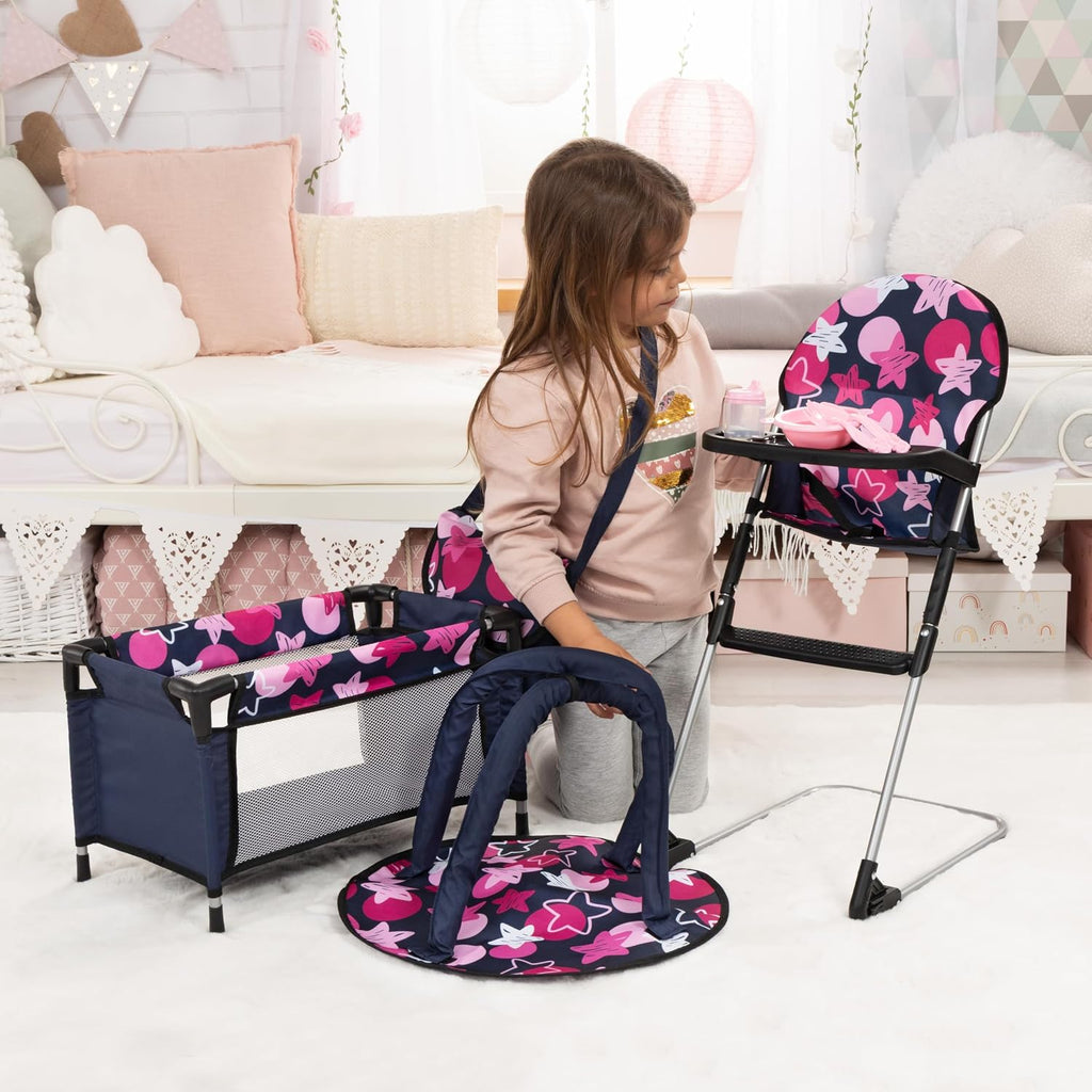 Set de muebles para muñeca Bayer 9 en 1, silla alta y cama de viaje, rosa y azul marino