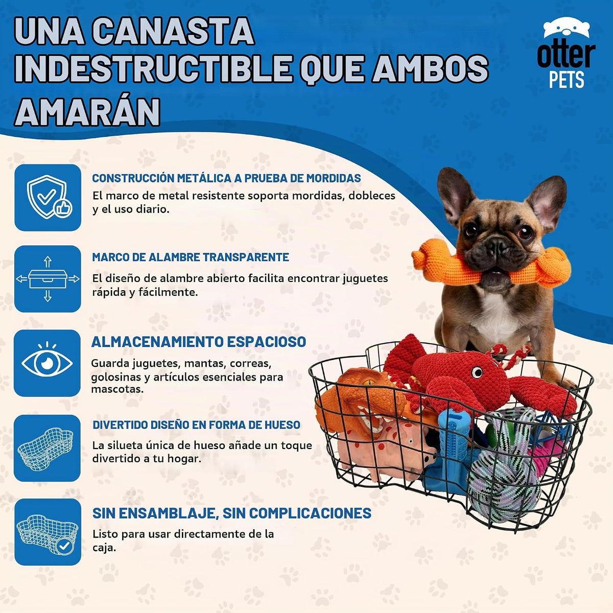 Cesta de juguetes de metal para perros con forma de hueso, cubo