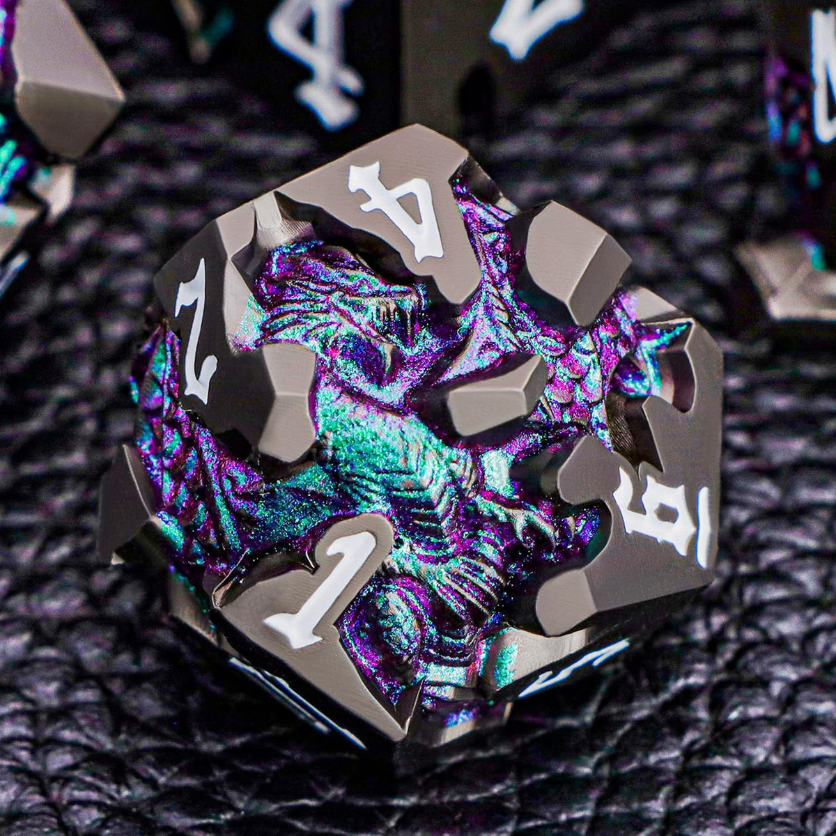 Juego de dados DND de dragones 3D con caja de regalo, dados D y D de metal para uso con juegos de rol D&D, juego de dados poliédricos de mazmorras D20 D12 D10 D8 D6 D4 (morado verde)