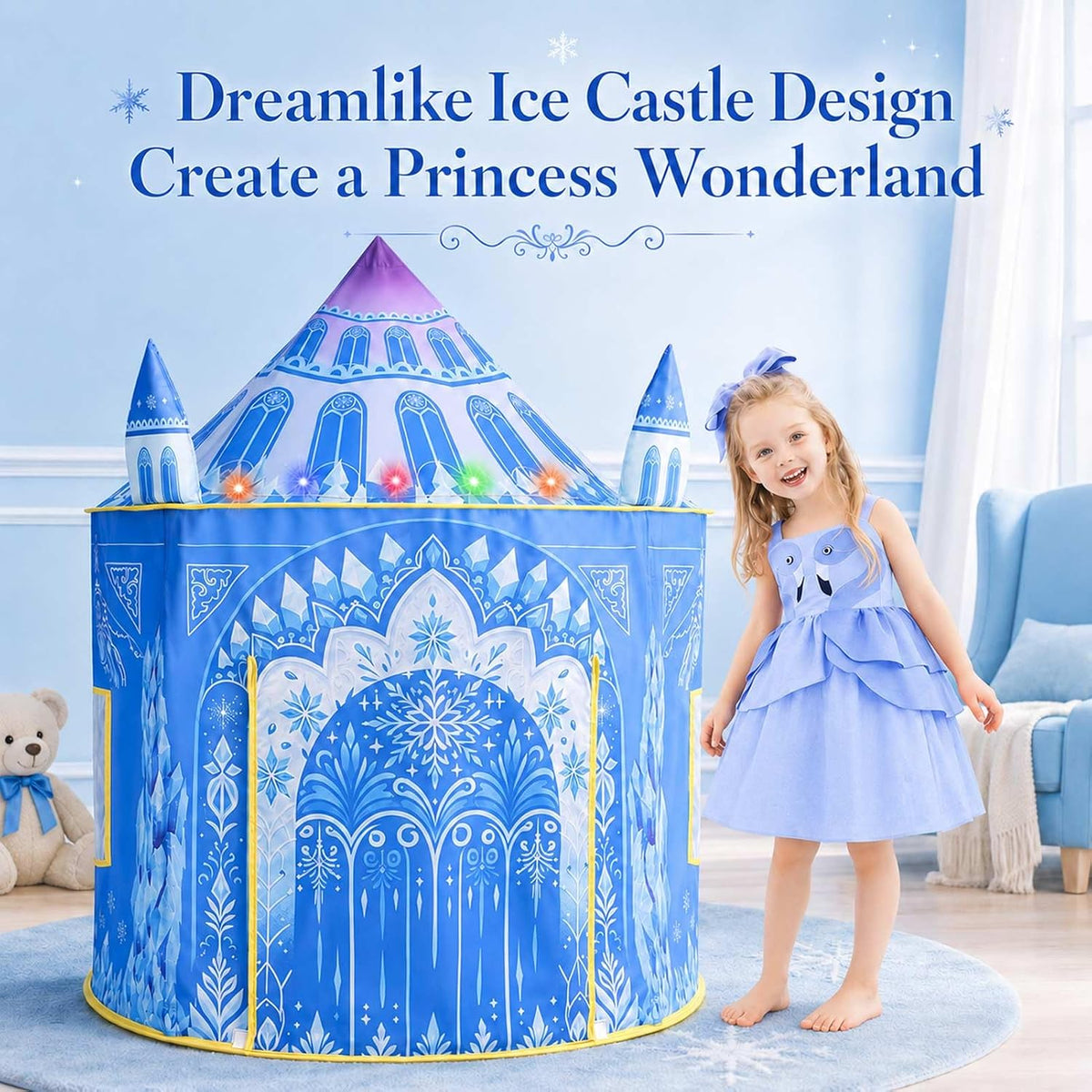 Tienda de campaña desplegable de princesa, juguetes congelados para niñas, grande de 53 x 41 pulgadas, castillo de hielo para interiores y exteriores, con luces LED y bolsa de transporte, regalo ideal para edades de 3 a 6 años