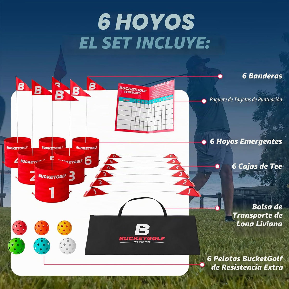 BUCKETGOLF Paquete de 6 agujeros con palos, juego de golf para patio