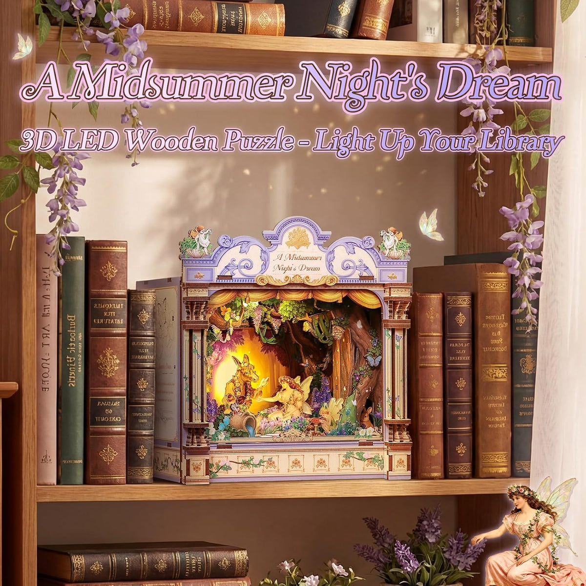 CUTEBEE Kit de casa en miniatura, rompecabezas de madera 3D para adultos, estante de rincón de libro, regalo literario de Shakespeare, bosque encantado decoración de escritorio en miniatura para