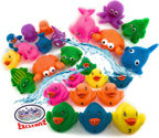 Juego de 119 juguetes de baño de Toy Stop de 119 piezas con pato de goma gigante, calcomanías de baño, espejos, crayones, esponja, mini animales, animales medianos, botes apilables, letras de espuma,