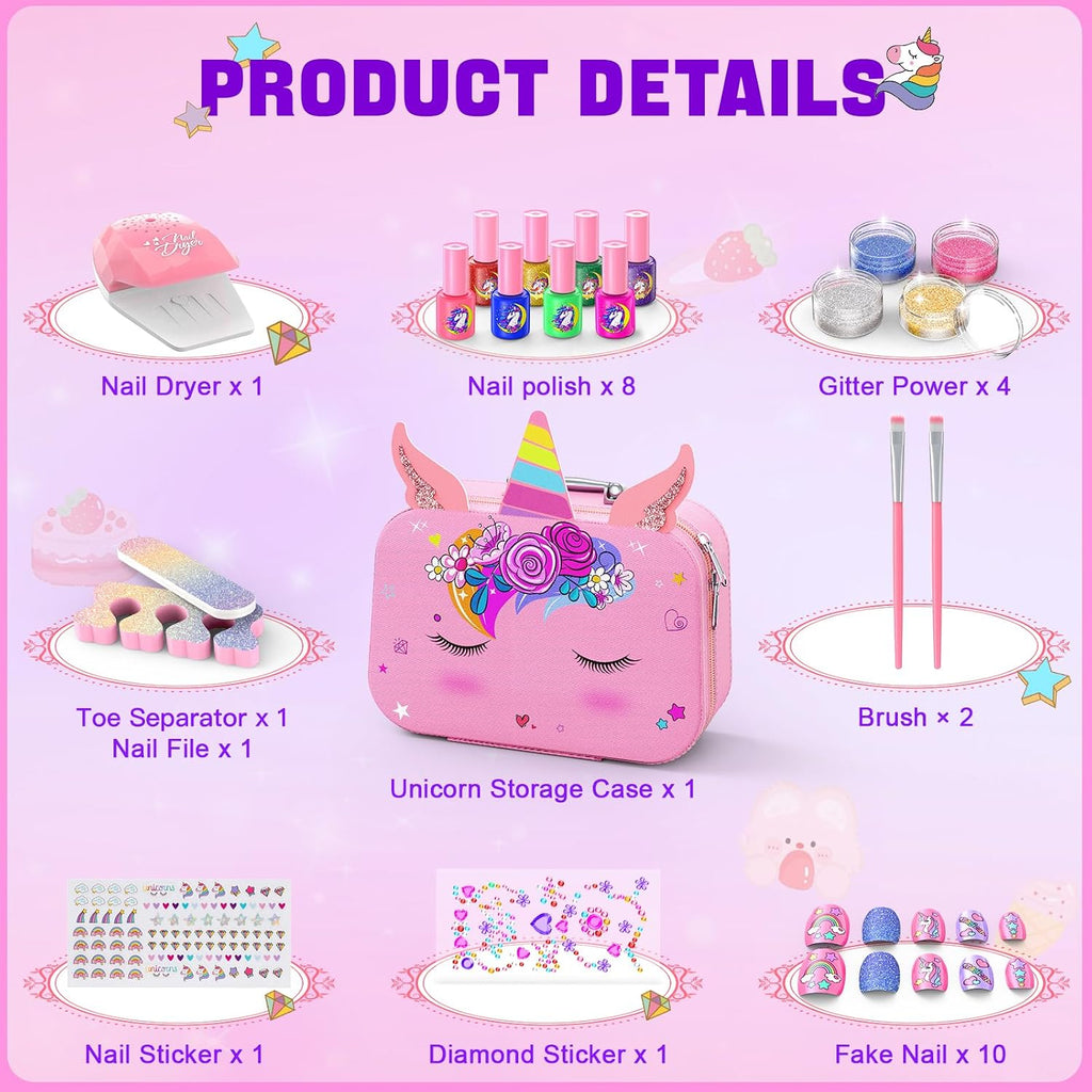 Juego de esmaltes de uñas para niñas, no tóxico, de secado rápido, con secador de uñas y esmalte de uñas despegable, juguetes de regalo ideal para niñas de 6 a 12 años