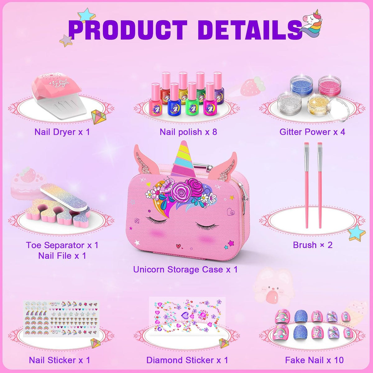 Juego de esmaltes de uñas para niñas, no tóxico, de secado rápido, con secador de uñas y esmalte de uñas despegable, juguetes de regalo ideal para niñas de 6 a 12 años