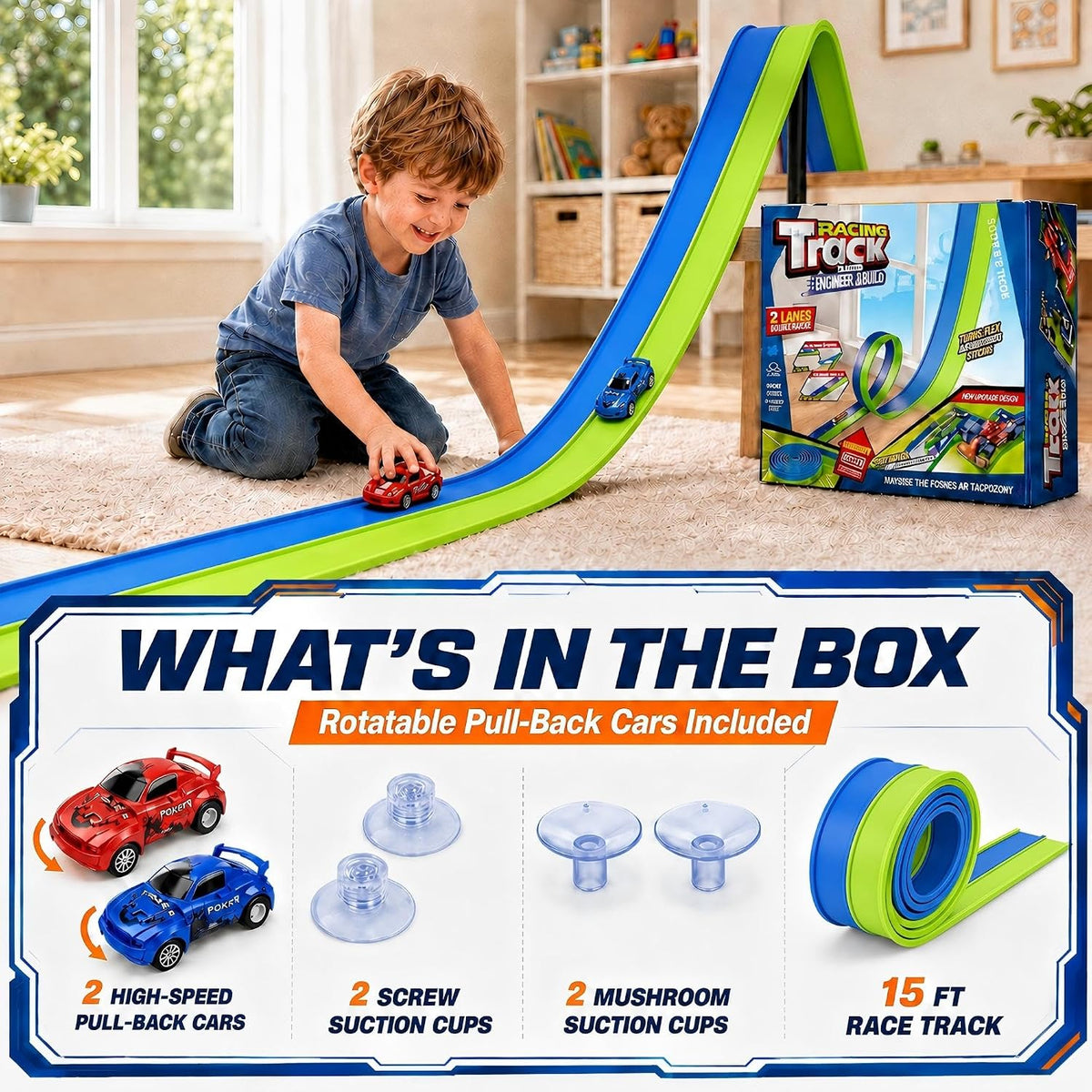 Pistas flexibles de 15 pies de pista de carreras flexibles para niños, juego de pista de auto de bricolaje con autos de rebote 1/64, pistas de carreras enrollables portátiles con ventosas fuertes