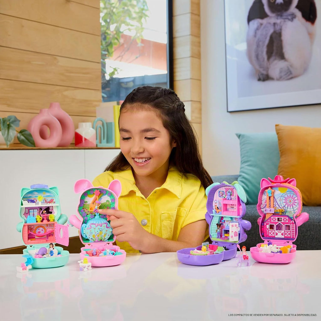 Polly Pocket Muñecas y juego de muñecas, Set Sail Kitty Compact, juguete de viaje con 1 micro muñeca, gatos de mascotas, comida y accesorios de estilo de moda