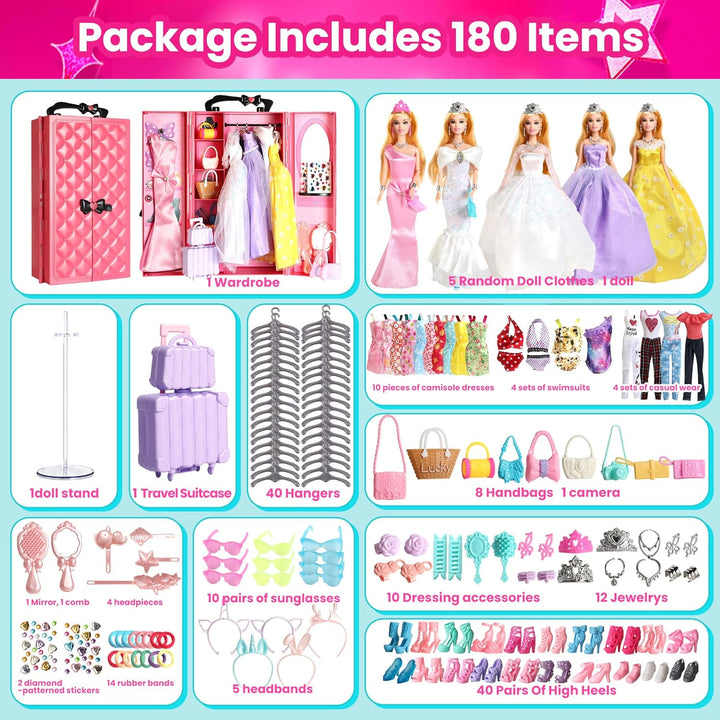 UCanaan Juego de ropa y accesorios para muñecas de 180 piezas, vest...