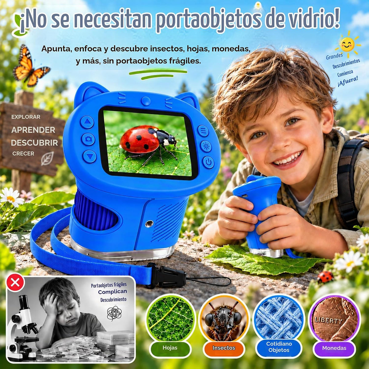 Microscopio para niños, zoom 4K 1000X, pantalla de 2.4", juguete