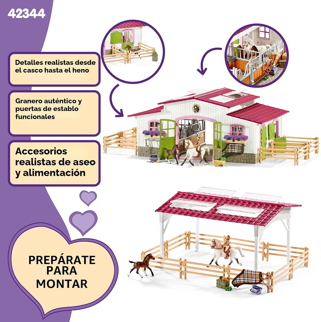 Schleich Horse Club - Juego de juguetes de caballo de centro de equitación de 97 piezas con jinete, 2 caballos, granja y accesorios de figuras de granja para niñas y niños - Figuras de juego