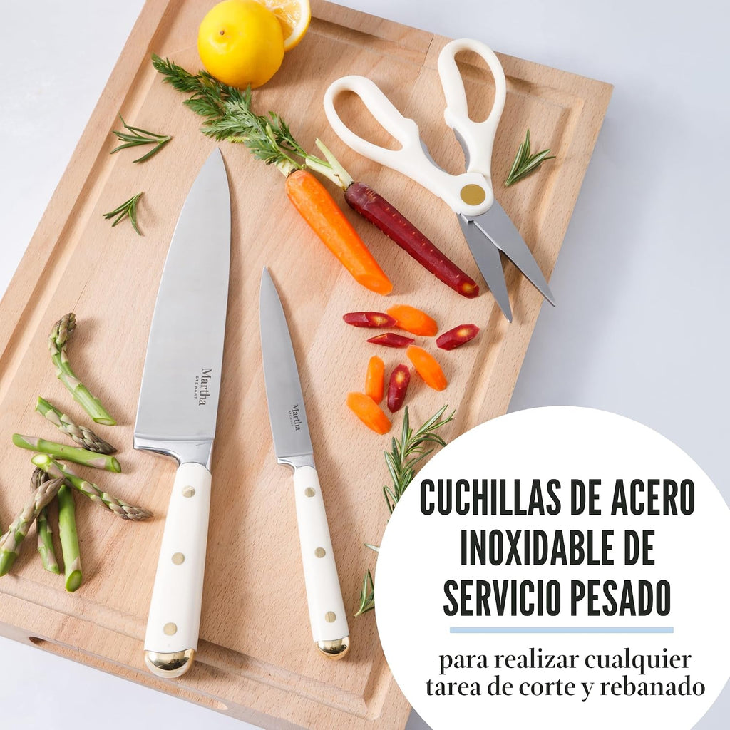 Martha Stewart Lockton - Juego de 16 cuchillos de chef de acero inoxidable de alto carbono forjados, bloque de madera de acacia, asas triples remachadas, lino blanco y dorado
