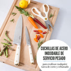 Martha Stewart Lockton - Juego de 16 cuchillos de chef de acero inoxidable de alto carbono forjados, bloque de madera de acacia, asas triples remachadas, lino blanco y dorado