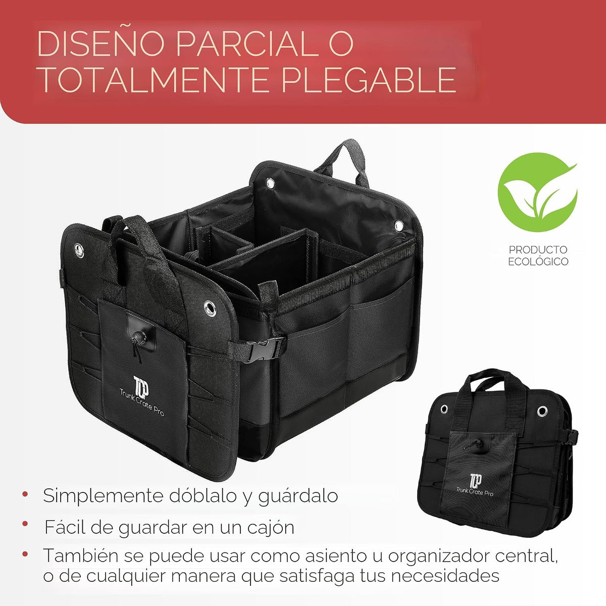 Caja organizadora portátil retráctil de varios compartimentos de primera calidad TrunkCratePro para autos, SUV, camiones, minivans, Negro