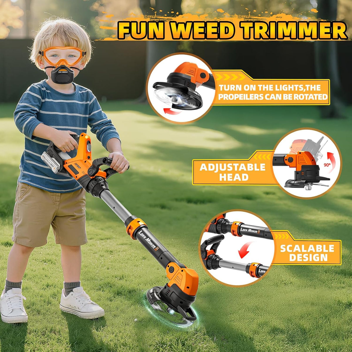 Juego de herramientas 3 en 1 para niños con Weed Wacker para niños, soplador de hojas para niños, juguete de cortacésped
