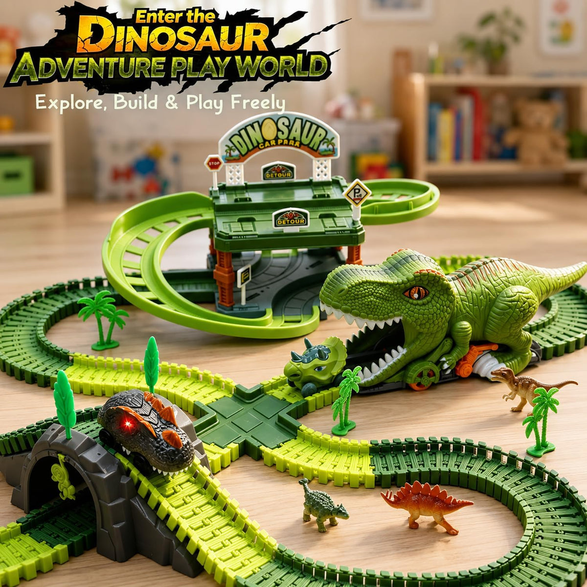 EagleStone Pista de carreras de dinosaurios de 246 piezas con garaje de