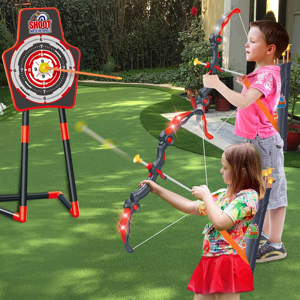 2 Bow y Arrow Sets con LED Light-up,2 Foam Dart Guns para Kids 5 6 7 8 9 10+ Years Old, Archery Set con Standing Target para Boys & Girl, Ideal Gift