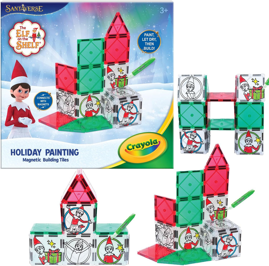 CreateOn Crayola Elf on the Shelf - Pintura en azulejos, kit de azulejos magnéticos de construcción con tubos de pintura Crayola, juguete de manualidades de Navidad | Juego de construcción magnética y pintura de 18 piezas para niños a partir de 3 años