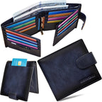 Cartera de cuero vintage para hombre, 19 ranuras para tarjetas, bloqueo RFID, gran capacidad, soporte para tarjetas plegable de cuero de grano superior, Azul, Retro