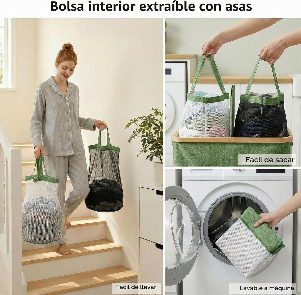 efluky - Cesta doble para ropa sucia con tapa y 2 bolsas extraíbles, color