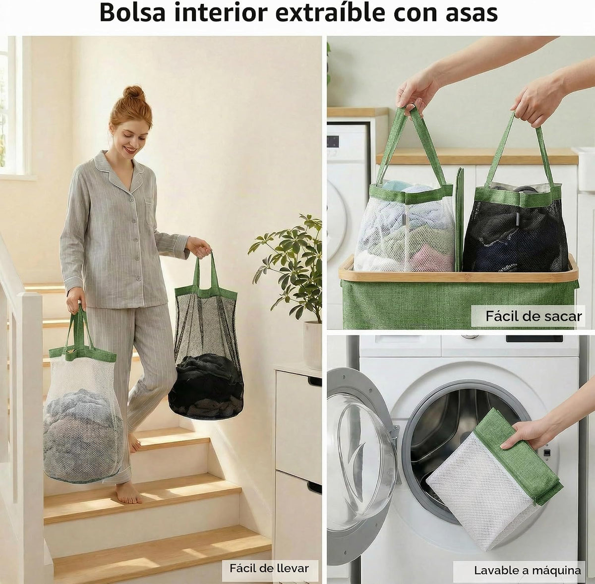 efluky - Cesta doble para ropa sucia con tapa y 2 bolsas extraíbles, color